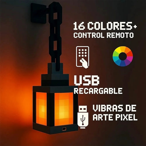Lámpara farol LED pixel colgada en la pared con cadena, luz ámbar, 16 colores, mando a distancia y carga USB